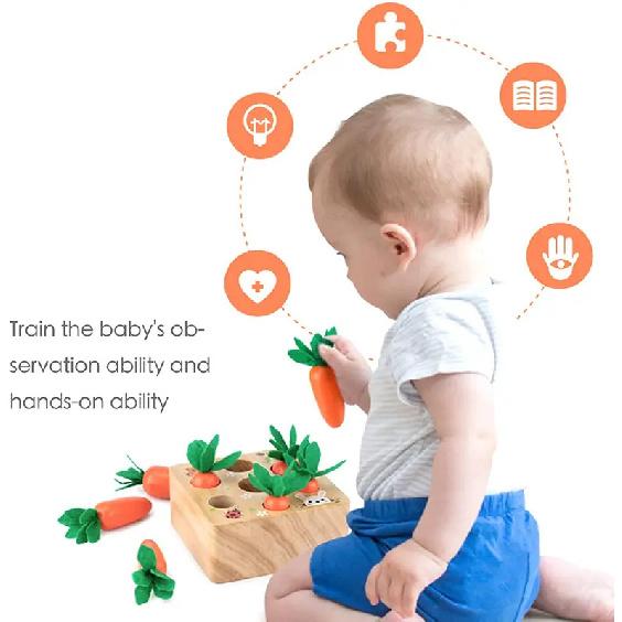 Montessori Toys for 1 Year Baby Pull Carrot Set Game Kids Wooden Toy Shape Sorting Matching Puzzle Educational Toys for Children