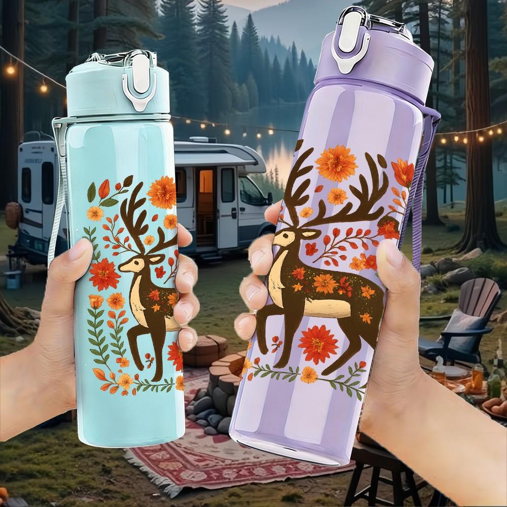 1PC Floral Folk Deer Art 750ml Color Plastic Sports Water Bottle Leakproof Flip Straw Lid Suitable for Sports Office Home Use