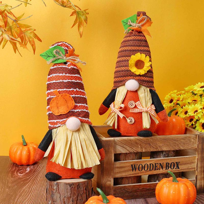 10.6/11.8inch Fall Gnomes Plush Decoration Orange Thanksgiving Gnome Elf Dwarf Figurine With Faux Straw Beard Banner And Pumpkin
