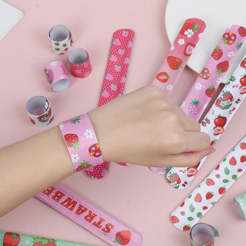 12Pcs Pink Strawberry Sweet Fruit Slap Bracelets Toy for Kids Girl Birthday Party Favors Baby Shower Guest Gifts Pinata Fillers