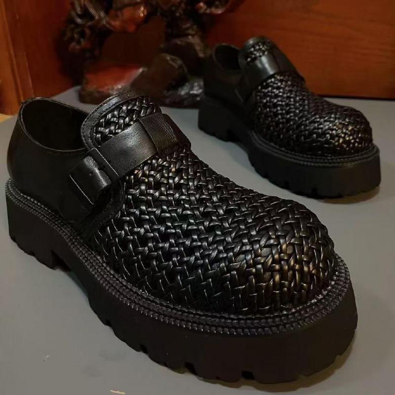 Premium commuter thick-soled trendy shoes hand-woven one-pedal hollowed-out breathable business casual height-increasing leather shoes men