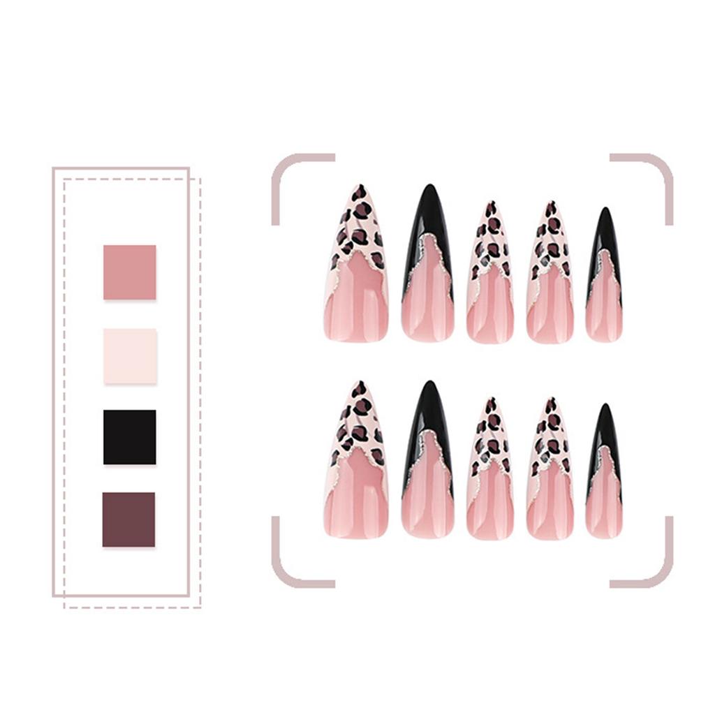 24Pcs Leopards Print Press On Nails Long False Nails French Tip Glossy Artificial Nails Full Covers Stick On Nails
