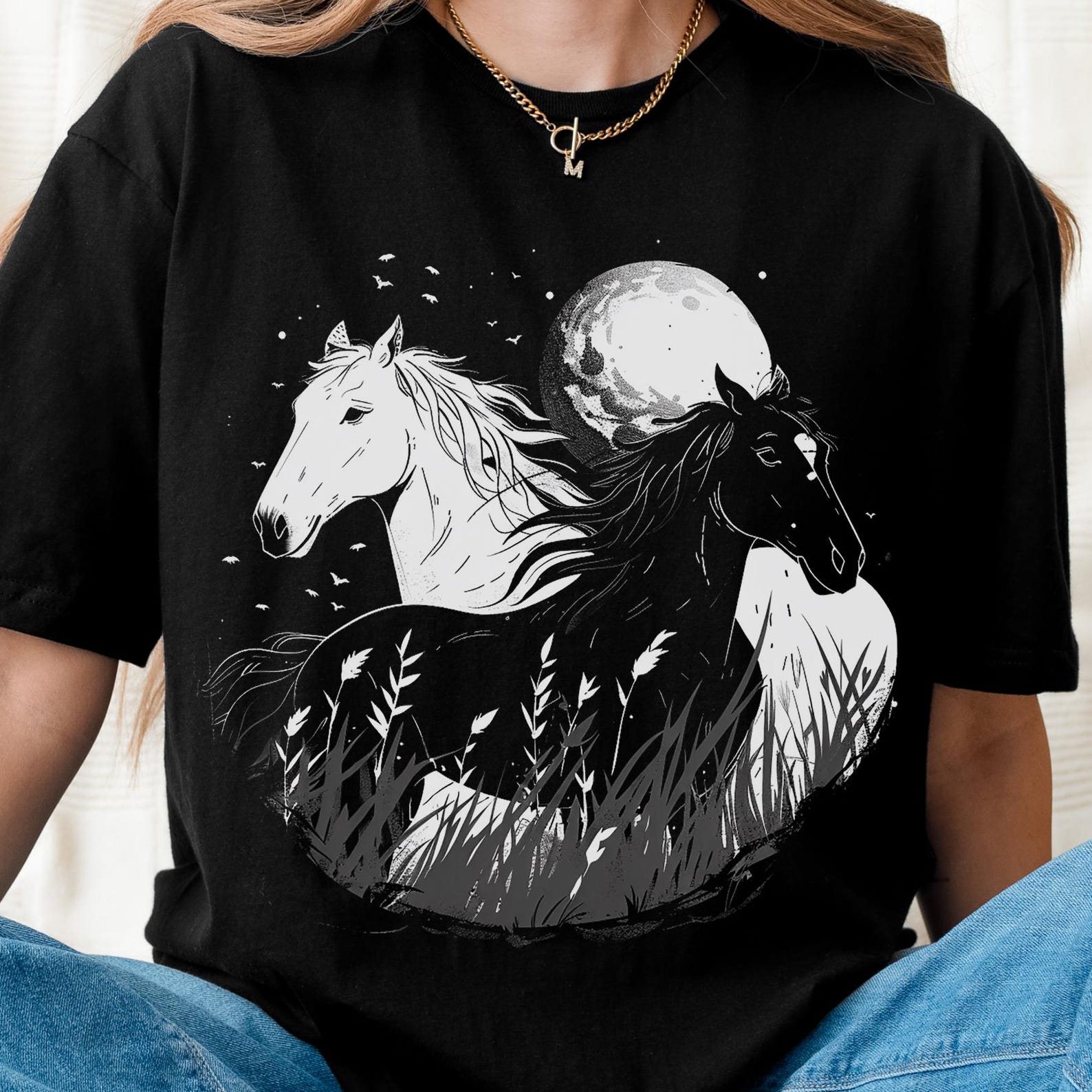 Celestial Horse T-Shirt - Western Gothic Moon Graphic Tee XL