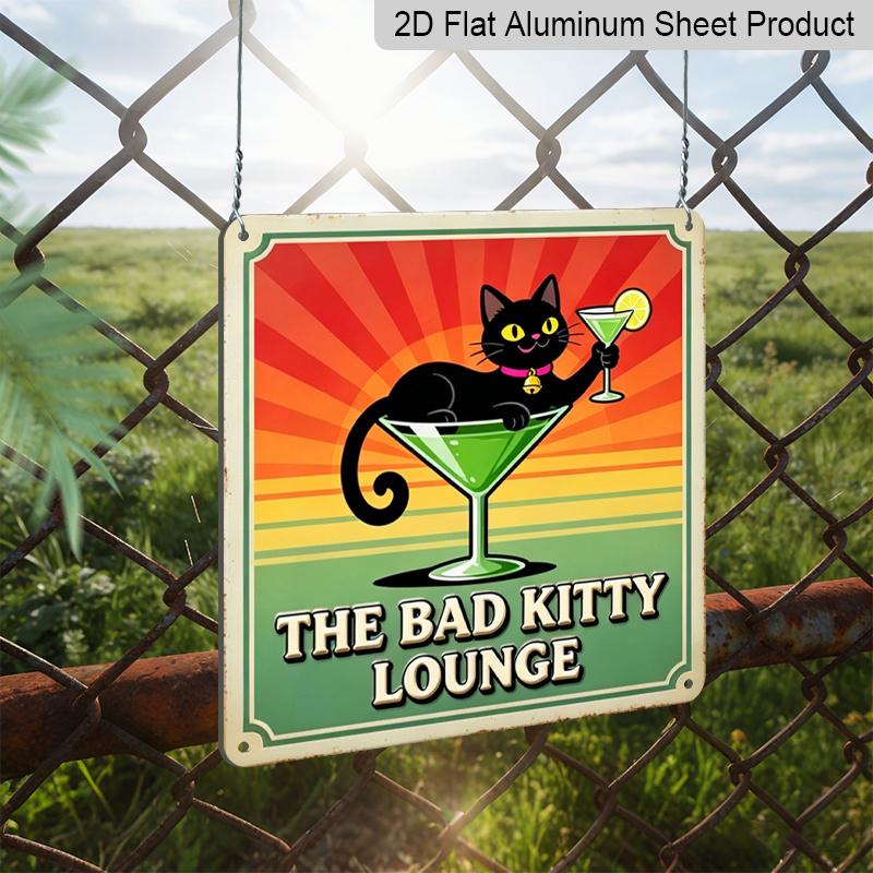 2D Flat - 1pc, Vintage Metal Aluminum Decorative Sign, Bad Cat Cocktail Humorous Slogan, Suitable for Porch, Foyer, Living Room, Bar, Room Decor