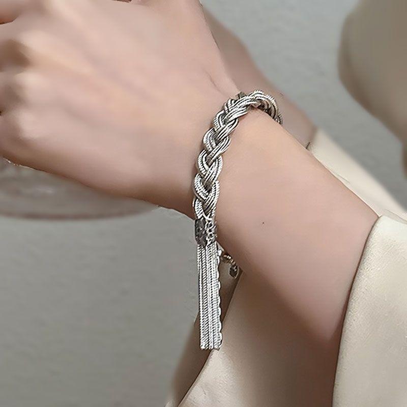 S925 Silver Cable Stitch Bracelet for Women 2025 New Arrival Special-Interest Design Mild Luxury Retro Ethnic Style Woven Tassel Carrying Strap