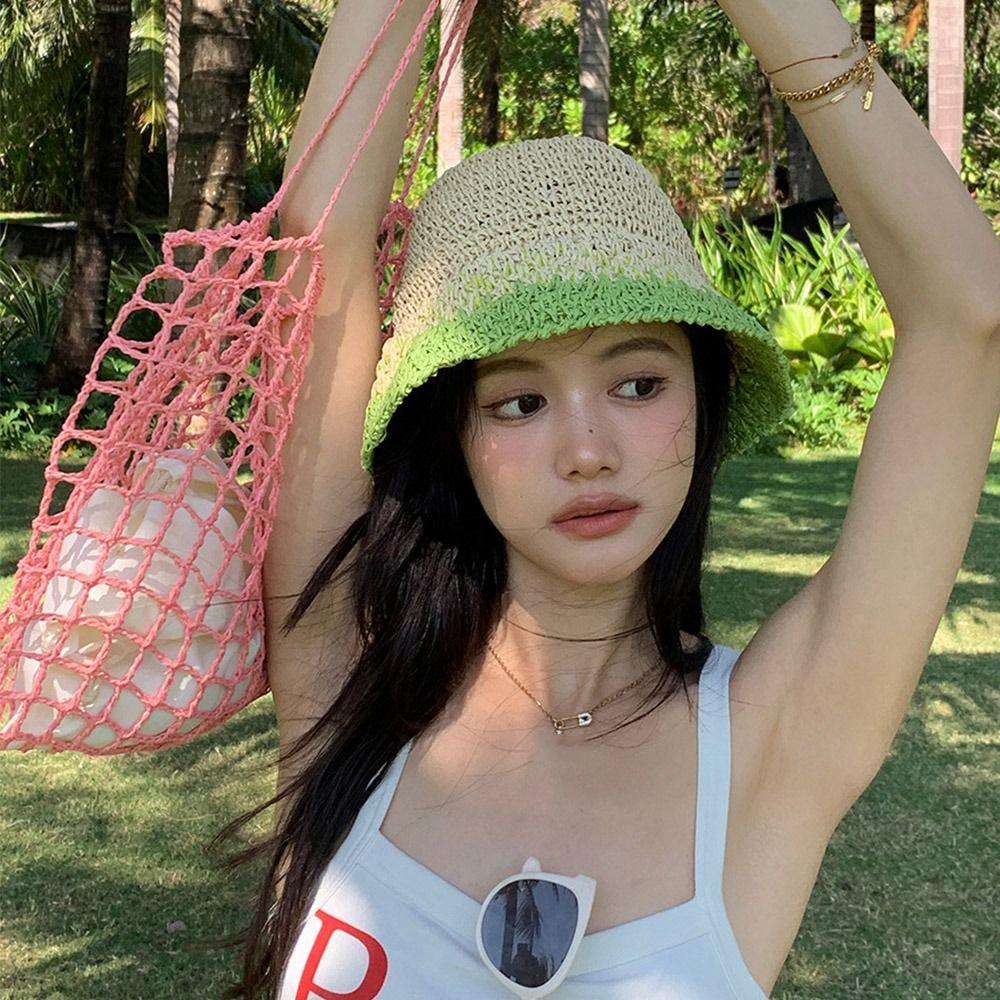 Handmade Women's Straw Hat Travel Bucket Hat Korean Beach Straw Cap  Outdoor