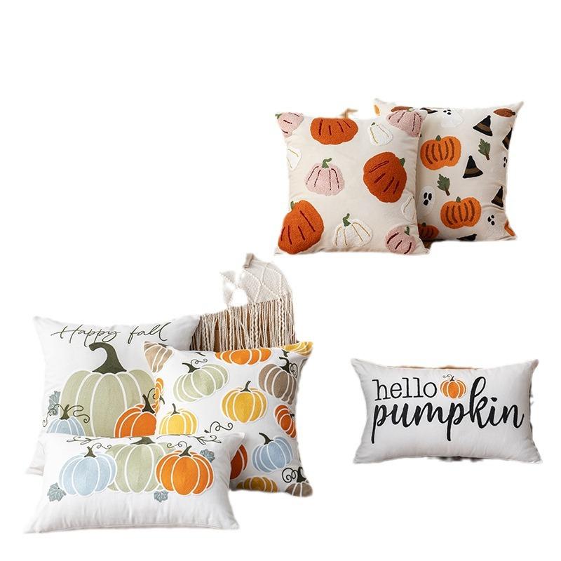 Towel Embroidered Pumpkin Throw Pillow Cover Halloween Canvas Cushion Case for Couch Bed Office Autumn Decor 18x18 Inch