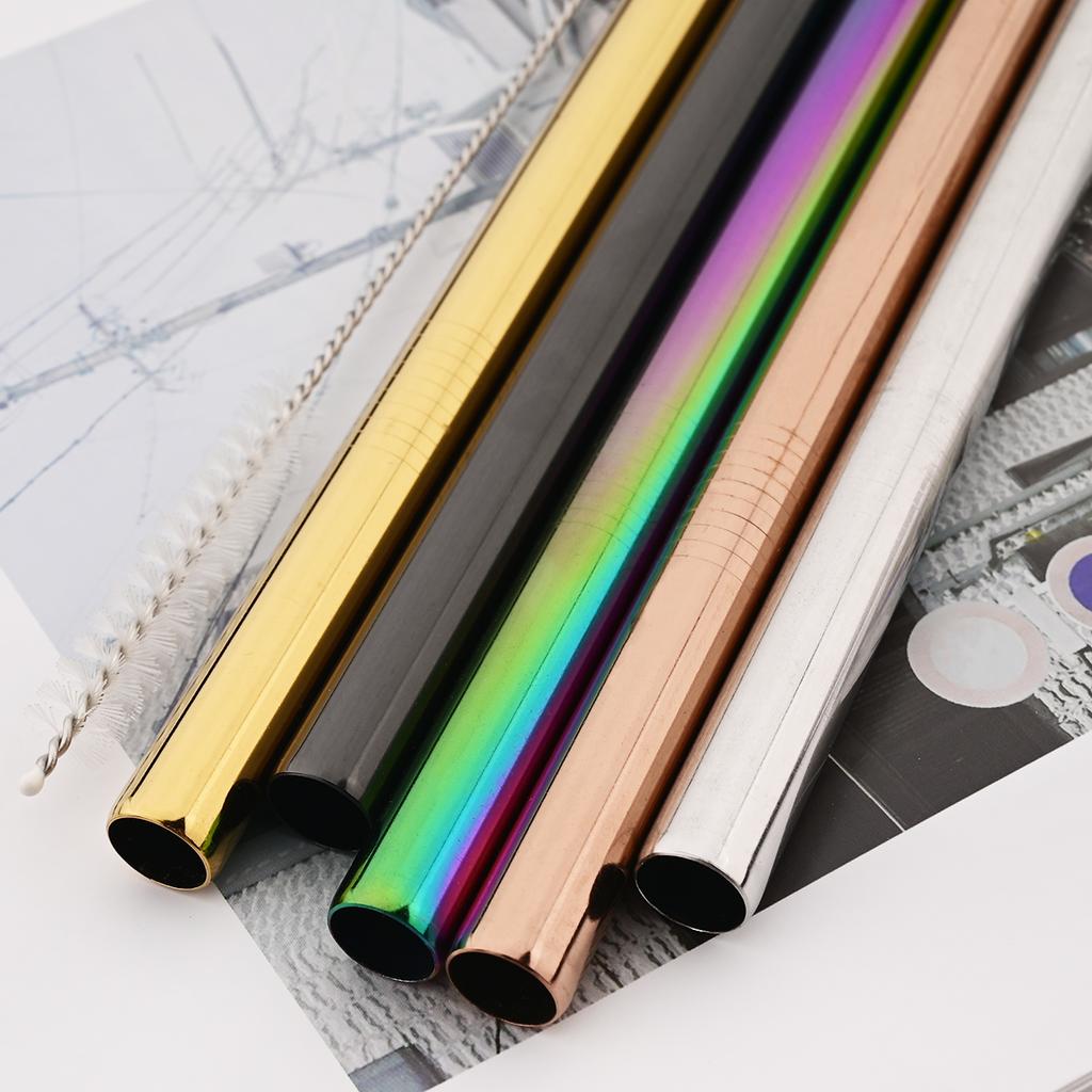 5pcs Wide 12mm Stainless Steel Straight Straw Set Fruit Juice Milkshake Cocktail Bubble Tea Drinking Straw Party Bar Accessories