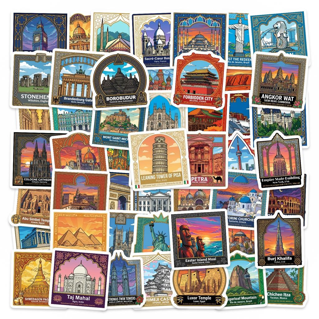 50/100Pcs Vintage Travel World Landmark Stickers Thick Waterproof DIY for Suitcase Notebook Diary Stationery Box Desk Decals