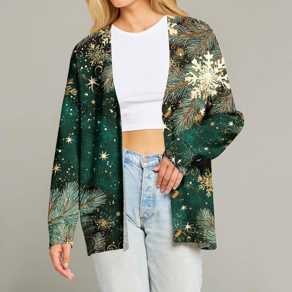 Women's Fashion Long Sleeve Christmas Print V-Neck Button Loose Cardigan Top