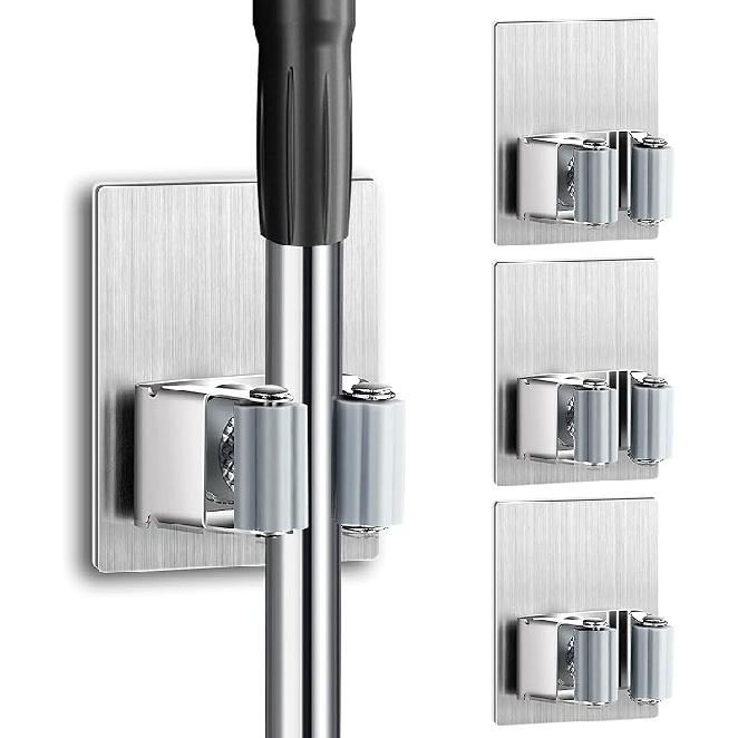 4 PCS Broom Holder Wall Mount - Mop Holder Self Adhesive Broom Hanger Stainless Steel for Home Garage Garden Laundry Room Storage Mop and broom holder wall