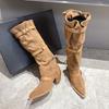 Fashion Vintage Pleated Belt Buckle Faux Suede Women Knee High Boots Autumn Winter Fashion High Heels Western Cowboy Knight Boots Shoes