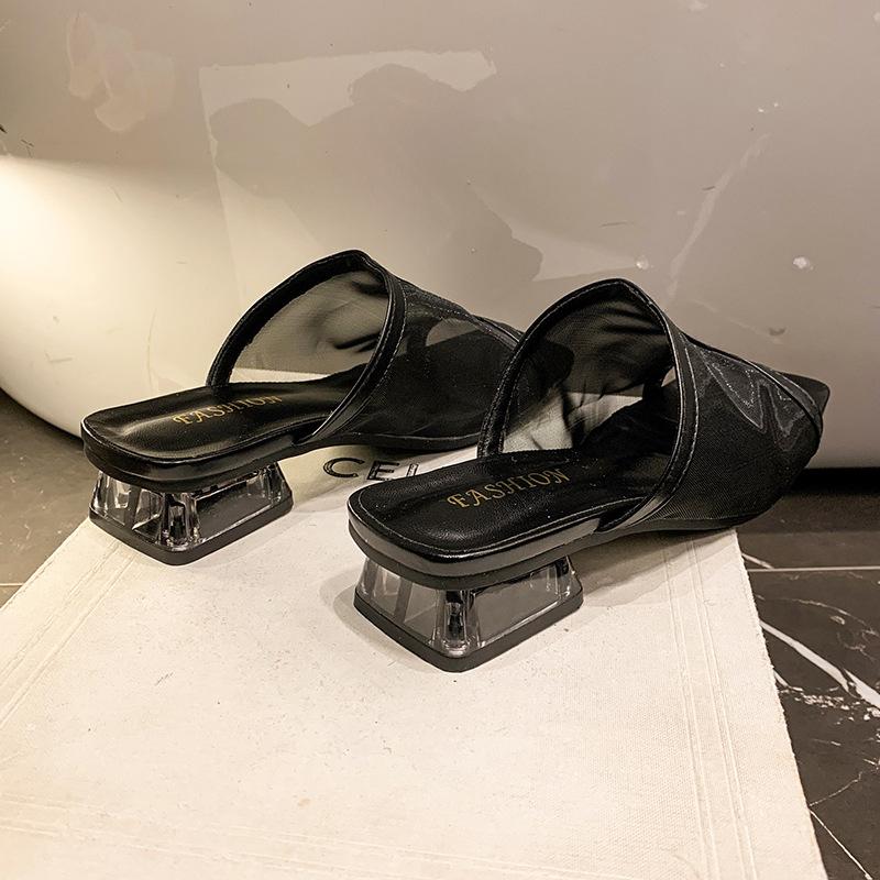 

High-heeled slippers fish mouth sandals mesh thick heel simple high heel one-word drag square head sandals wear women s high heels 40 чёрный