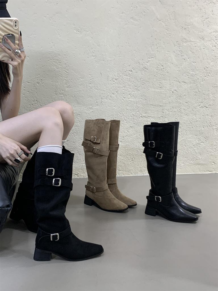 Khaki High Heel Suede Pile Medium Boots Women's Boots 2025 Fall Winter Western Skinny Long Knight Boots