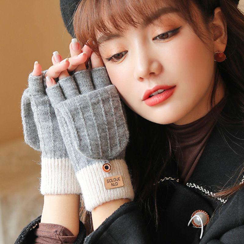 Half finger flip gloves winter ladies cute fleece cold-proof warm wool knitted autumn and winter dew fingers