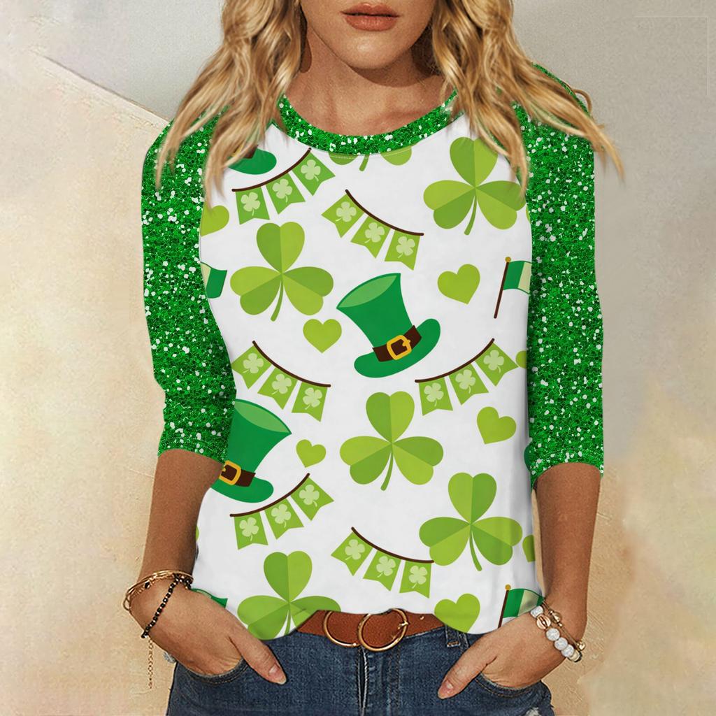 Frauen St. St. Patrick's Day Print Rundhals Dreiviertelarm Oberteil