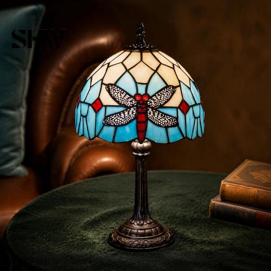 Vintage Dragonfly Bedside Lamp Tiffany Stained Glass Table Lamp, Blue Night Light, Artistic Home Decor Light Decorative Atmosphere for Bedroom Living