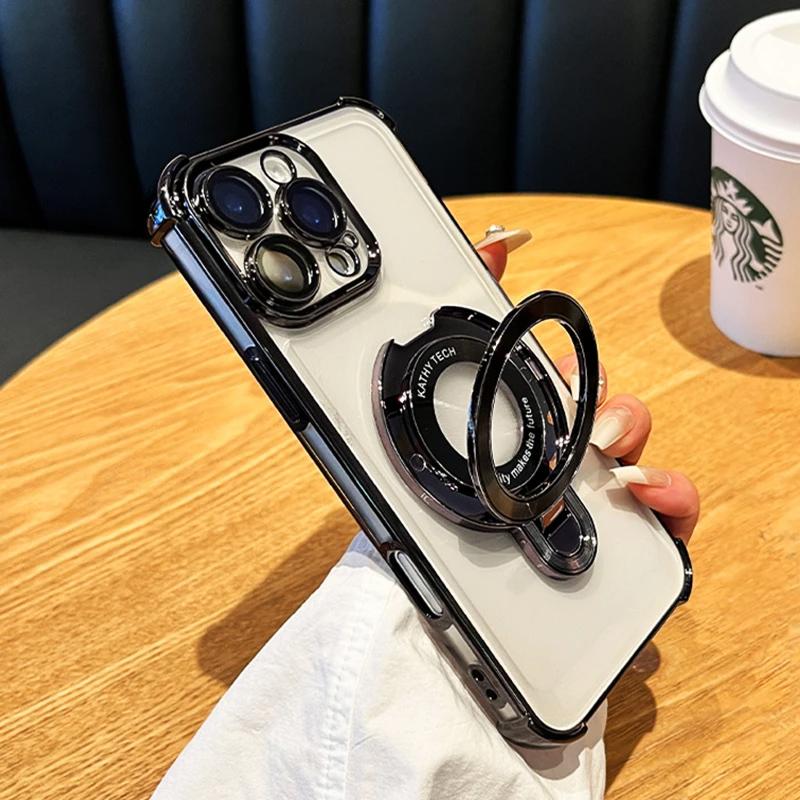 Luxus Galvanisiert Stoßfest Magnetische Halterung für Magsafe Transparente Hülle für iPhone 16 15 Pro Max 11 12 13 14 Mit Halter Ständer Abdeckung
