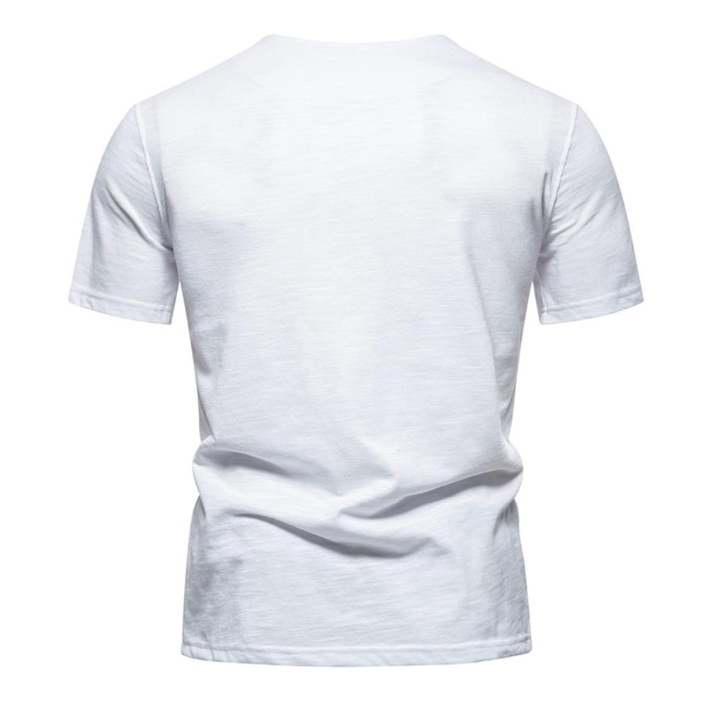 Slub Cotton T-shirt Sold Color Sigle Button V-neck Breathable Short-sleeve T Shirt Hawaiian Shirt Beach Tops Tees for Men