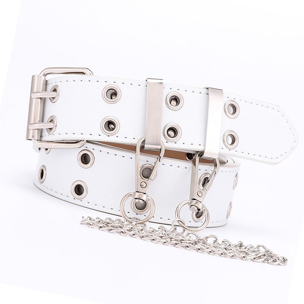 Double Grommet Belt with Chain PU Leather 2 Hole Grommet Fadeproof Stylish Chain Decoration Waist Belt White Free Size