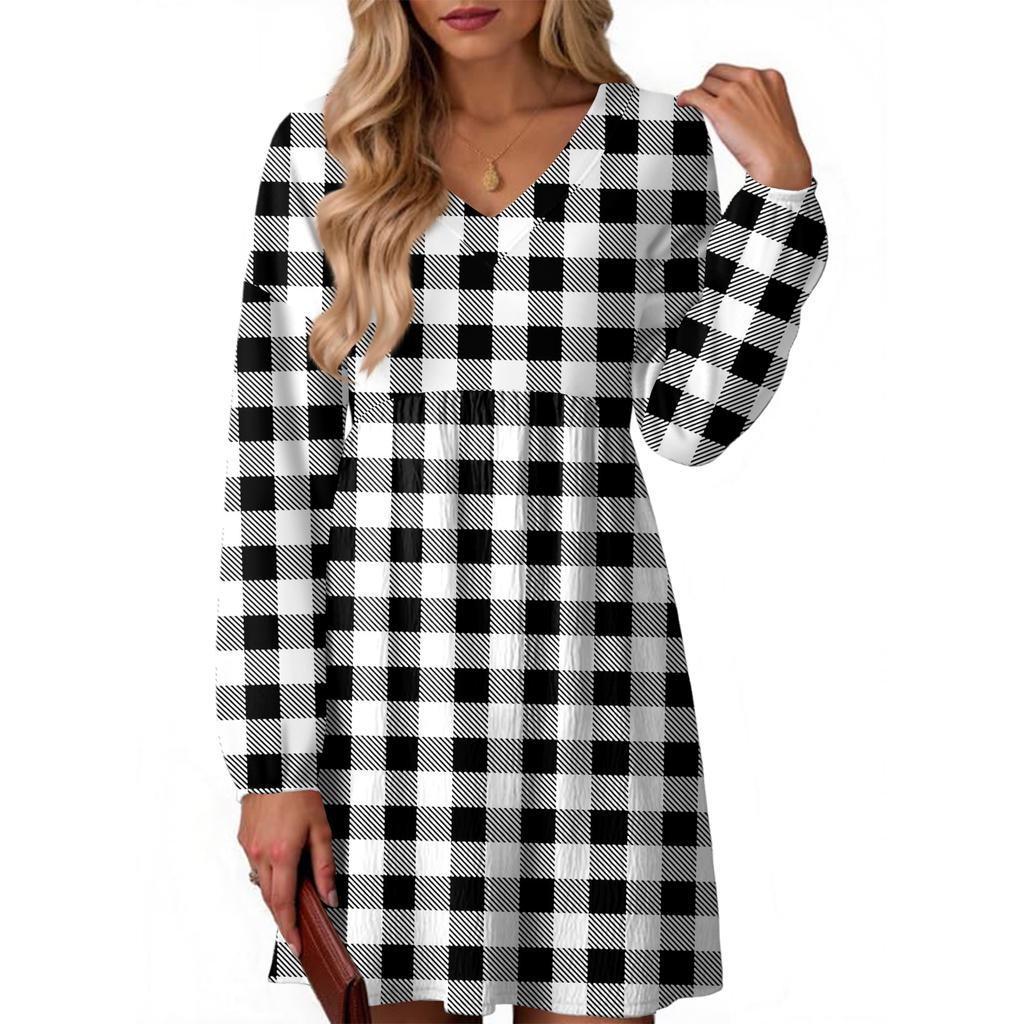 Women's Fashion Plaid Print V-Neck Long Sleeve Dress