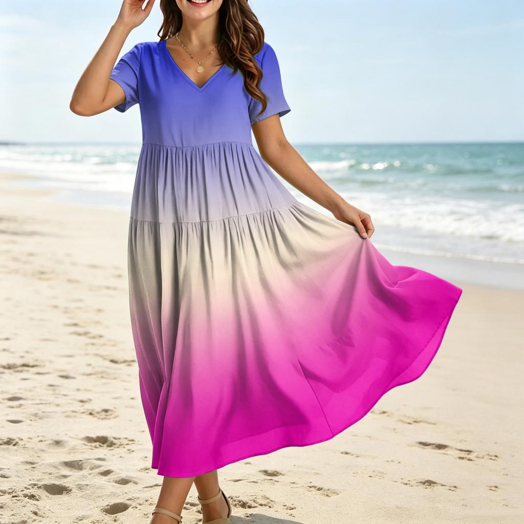 Abito Maxi Casual da Donna a Manica Corta con Scollo a V, Stile Bohemien, Vestibilità Larga, Stampa Degradé, per Estate e Uso Quotidiano