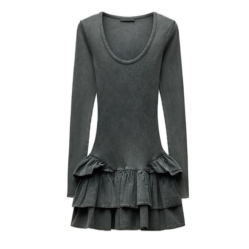 

Za Spring Women clothes American Ballet Wind Washing Effect Laminated Decoration Long sleeve Short Dress 0085300 Coal Gray L