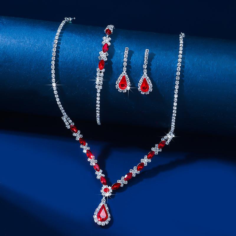 European & American Fashion Blue Crystal Necklace, Earrings & Bracelet Set - Hot Selling Three-Piece Full Diamond Design