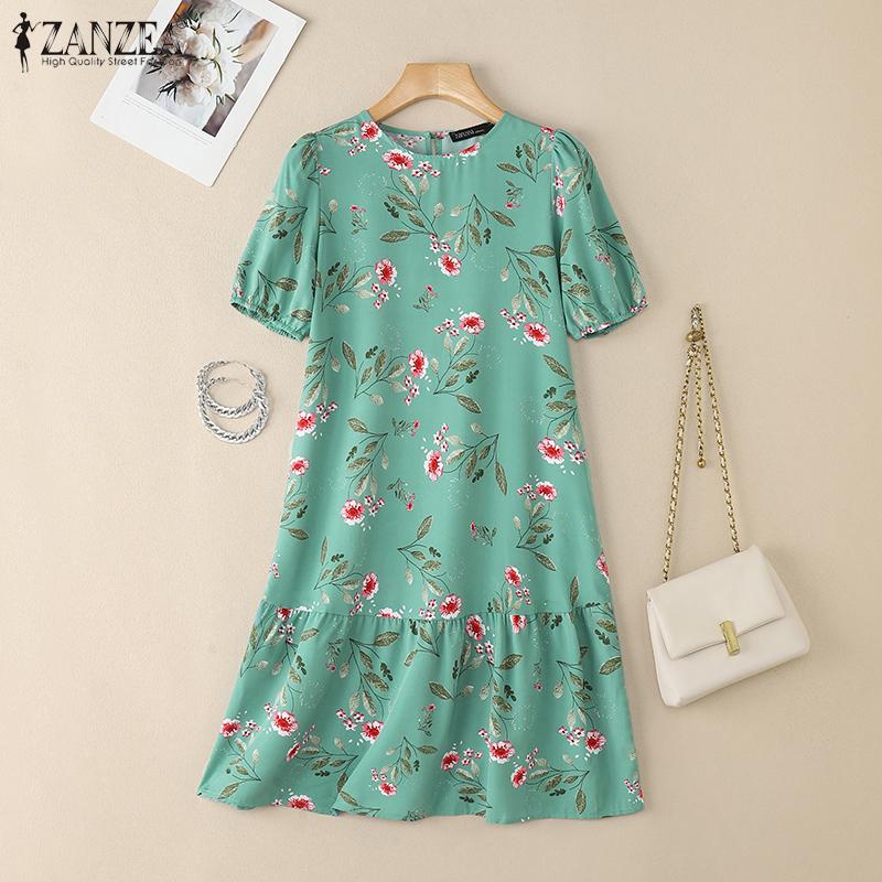 ZANZEA Women Floral Print Summer Casual Round Neck Short Sleeve Dress