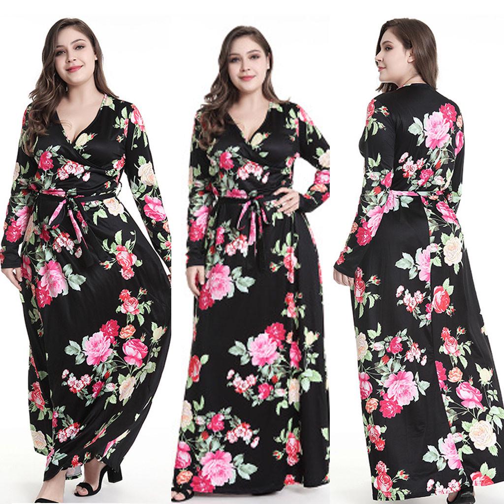 Buy Women Plus Size Dresses Floral V Neck Ladies Long Sleeve Holiday