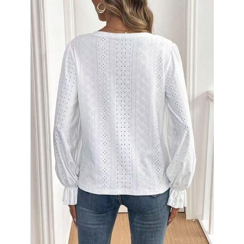 Women S Long Sleeve V Neck Solid Color Hollow Out Casual Top