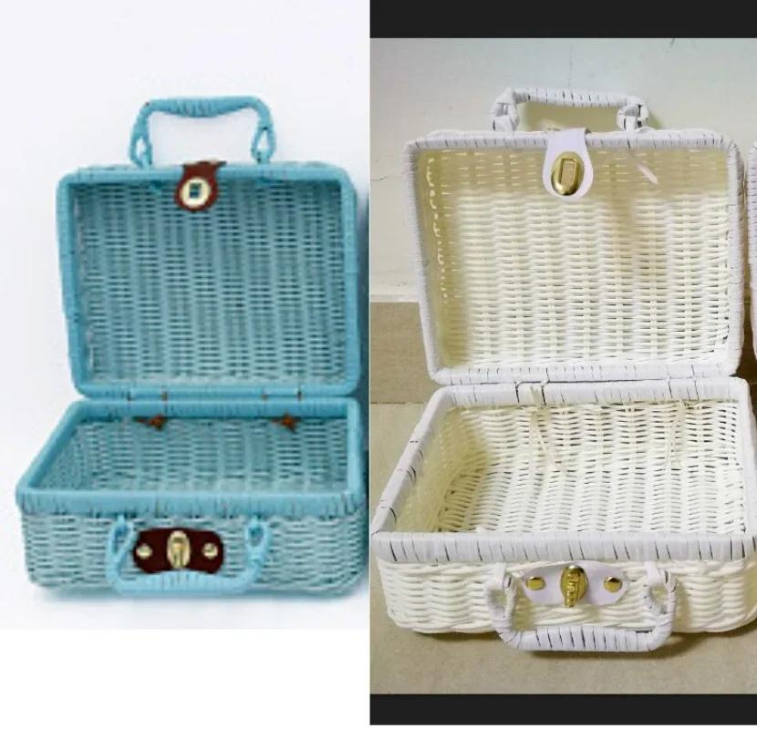 Hand-woven Rattan Wicker Basket Fruit Tea Snack Bread Baskets Cosmetics Rectangular Storage Box Household Kitchen Supplies