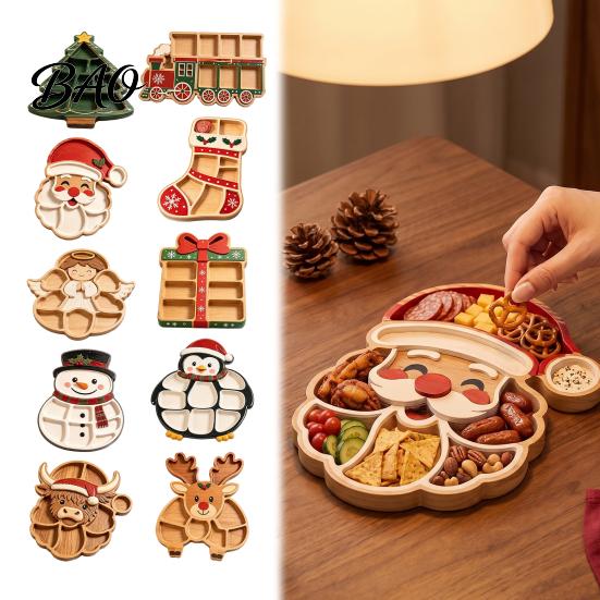 Creative Holiday Gifts for Friends Christmas Tree Serving Platter, Wooden Snack Tray Parties, Multi-Compartment Food Display Elk Design Dessert Plate