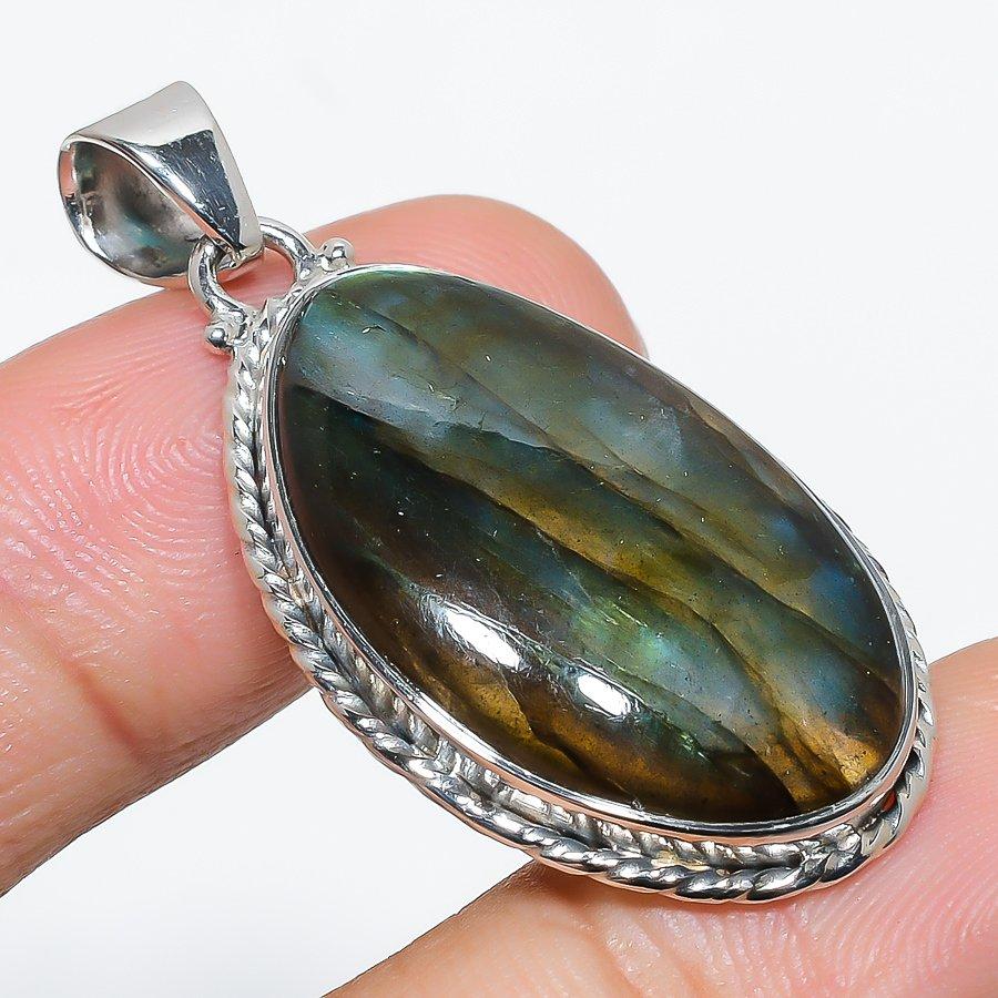Natural Labradorite Gemstone 925 Solid Sterling Silver Gift Pendant 1.75" H1y10