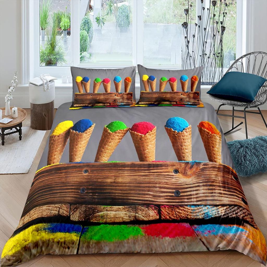 Zestaw Poszwy na Kołdrę z Lodami Kolorowy Kreskówkowy Babeczkowy Wiśniowy Cytrynowy Owocowy Zestaw Pościeli Styl Wakacyjny Letni Miękka Poszwa na Kołdrę
