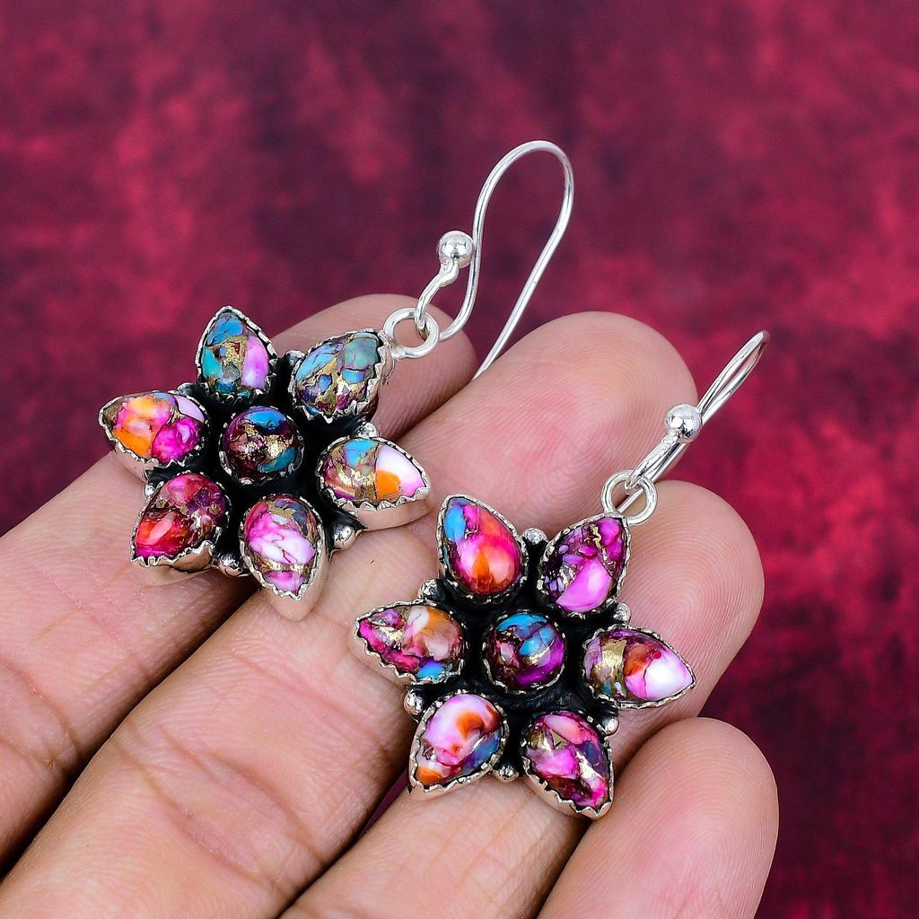 Pink Spiny Oyster Turquoise Earrings Gemstone Jewelry, 925 Solid Sterling Silver Earrings, Handmade Jewelry Birthstone Earrings, Gift For Him