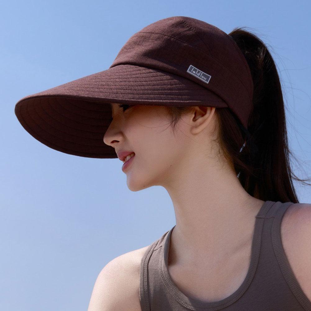 Women Empty Top Wide Brim Sun Hat Foldable Ponytail Cap UV Protection Windproof Hard Brim Adjustable Beach Riding Summer Hat