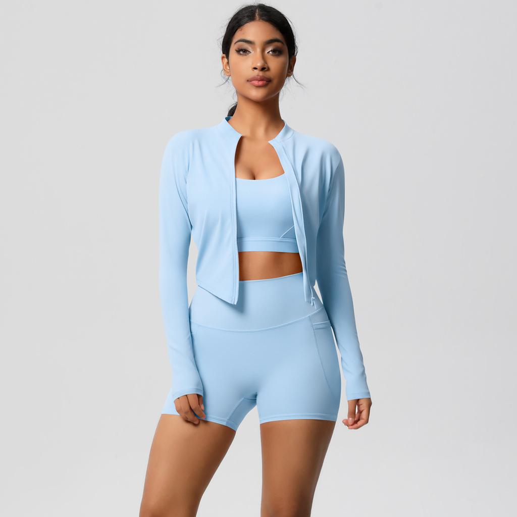 High Waisted Brushed Tight Pocket Yoga Suit, Cloud Sensing Quick Drying Exercise Three Piece Set, Outdoor Leisure Running Fitness Set, Women'S