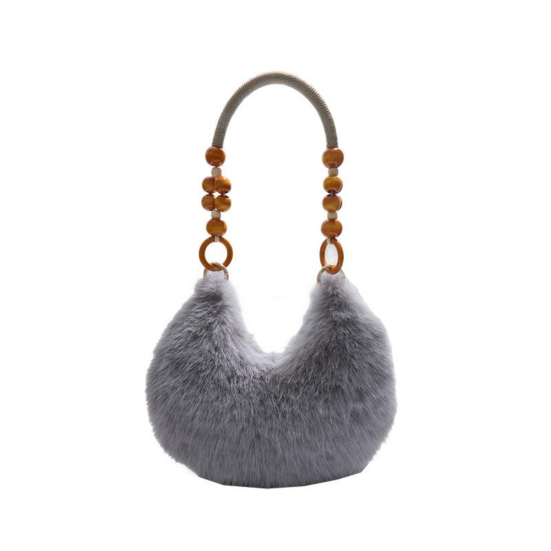 Autumn and Winter New Wooden Bead Portable Plush Shoulder Bag Handbag Texture Fashion Bag Female Sweet Cute Armpit Bag