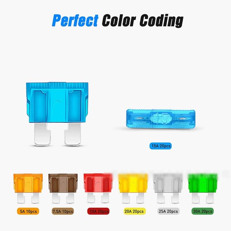 130pcs Automotive Fuses Holders Set Waterproof Inlines Designs with 14 Standard Fuses Portable for Multipurpose Use