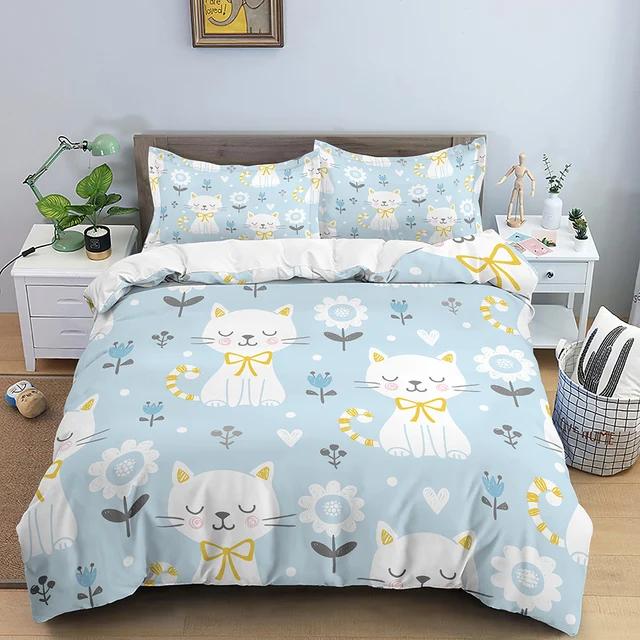 Cartoon-Bettwäscheset mit niedlichen Katzen, bedruckt, 3D-Bettbezug-Set, Twin Full Queen King Double Size, Kissenbezug, Bettwäsche aus weichem Polyester