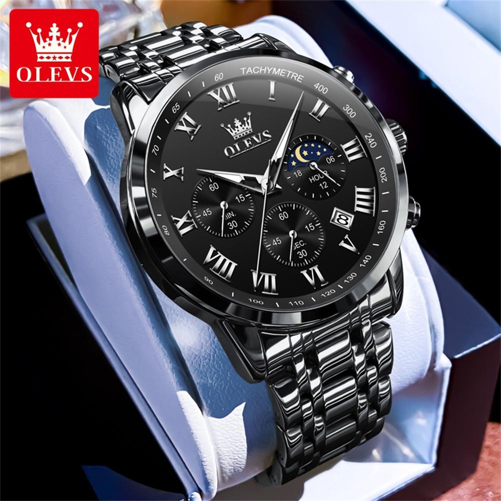 OLEVS Men's Watches Sport Fashion Fine Steel Original Brand Quartz Wristwatch for Man Roman Scale Waterproof Moon Phase Date New