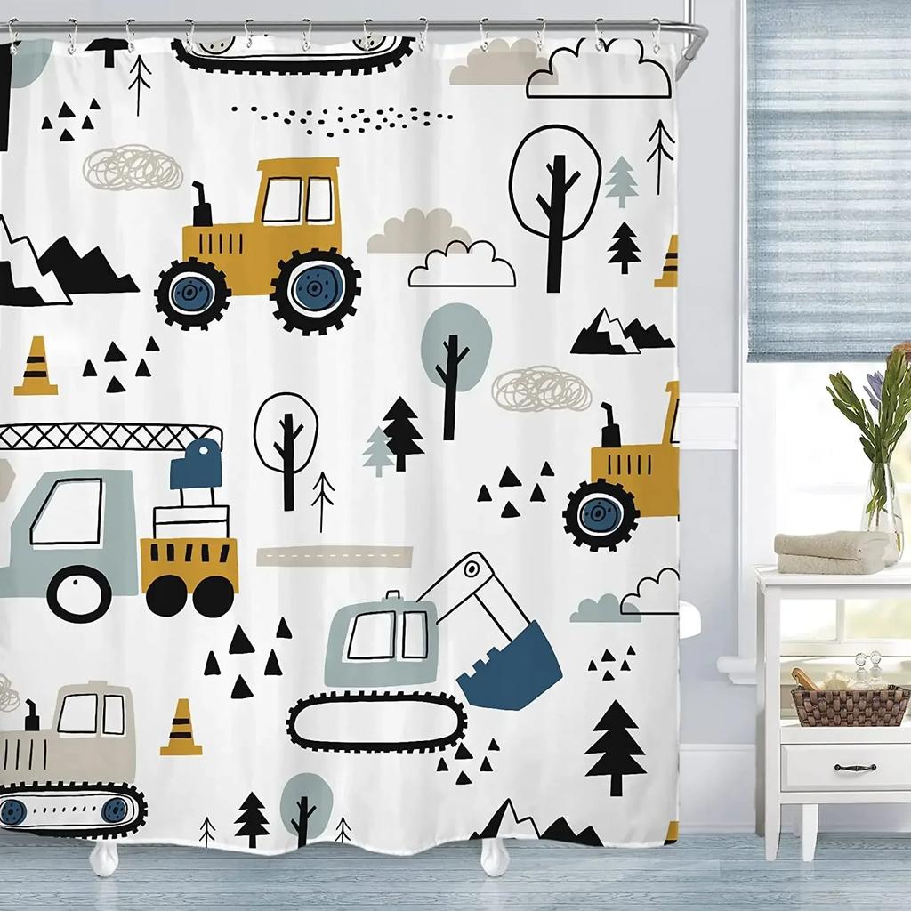 Kid Excavator Shower Curtain Tractor Mechanic Truck Construction Vehicle Boys' Bulldozer Crane Hanging Curtains Bathroom Decor