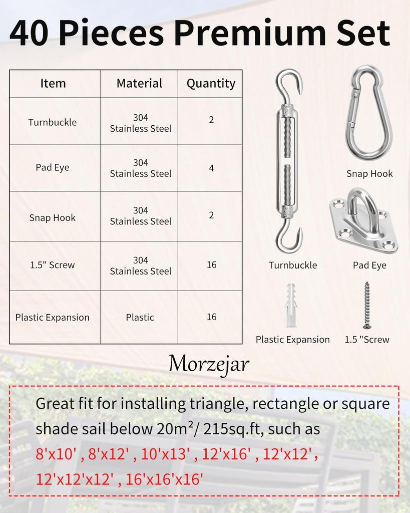 Morzejar Sun Shade Sail Hardware Kit, 304 Stainless Steel Sunshades Canopy Installation Kit for Garden Rectangle & Triangle Shade Sails, Heavy Duty