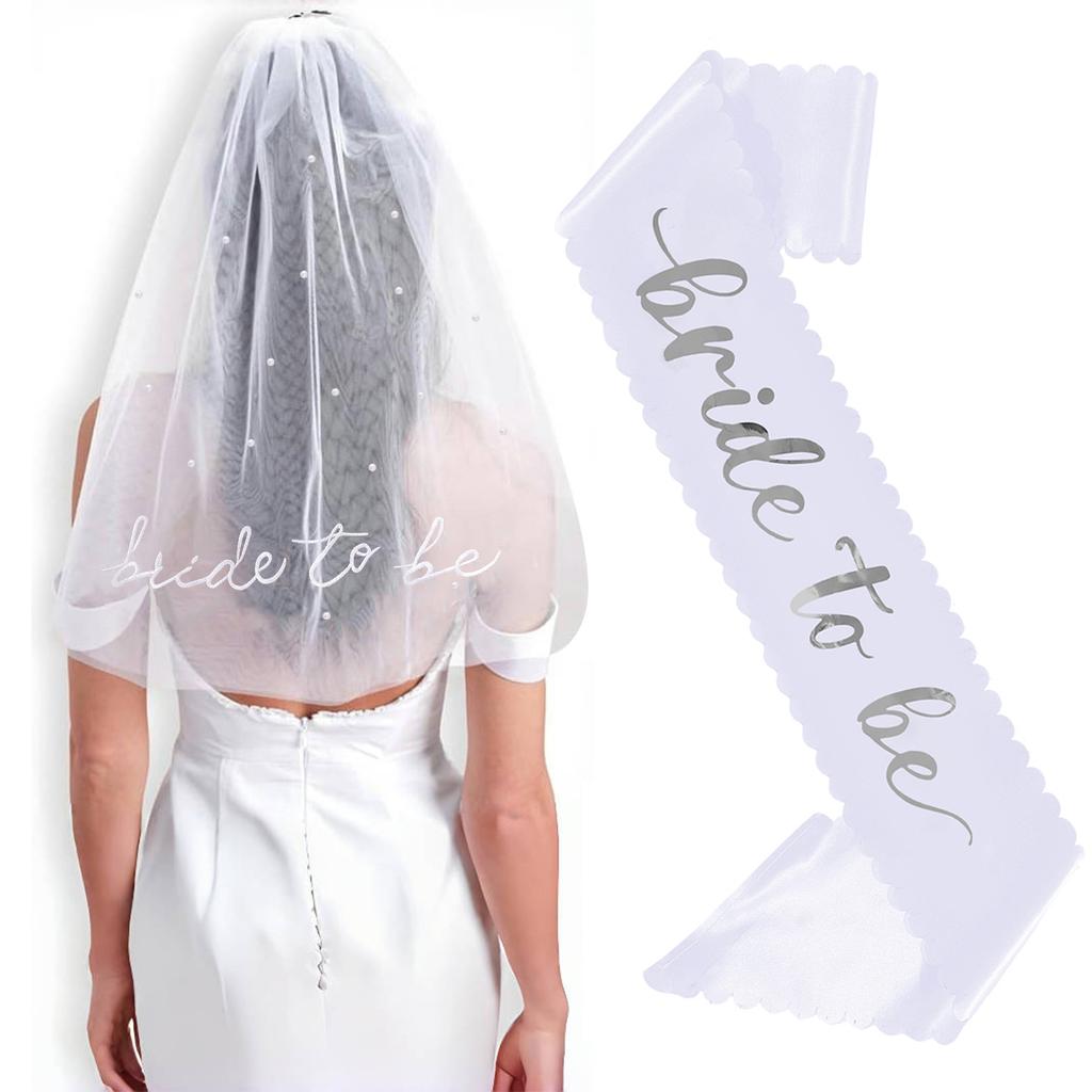 Bridal Pearl Embroidered Veil Shoulder Strap Set Bride Tobe Etiquette Strap Bachelorette Party Wedding Dress Up