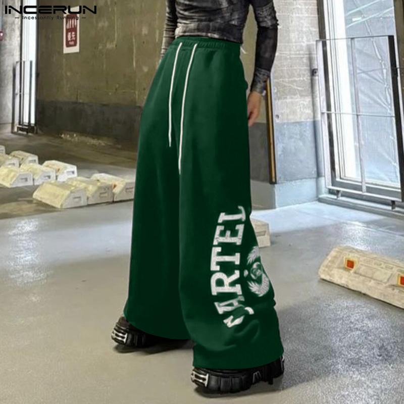 INCERUN Men Elastic Waist Drawstring Print Loose Wide Legs Pants Casual Sport Trousers