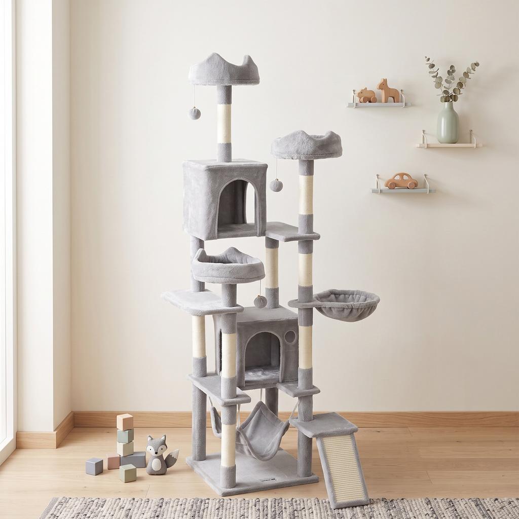 Cat Tree, 192 Cm Large Multi-Level Cat Tower for Indoor Kittens with 8 Scratching Posts, 3 Plush Beds, 2 Hammocks