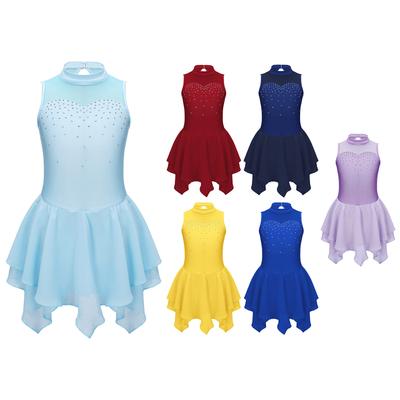 Dance Skating Costume Kids Girls Sleeveless Rhinestone Decor Patchwork Style Hollow Back Dress