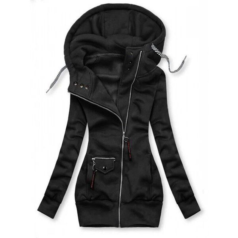 

European and American Foreign Trade Autumn and Winter New Women s Fashion Spliced Drawstring Pocket Hooded Slim-Fit Stylish In-Stock Jacket Sweatshirt Black L