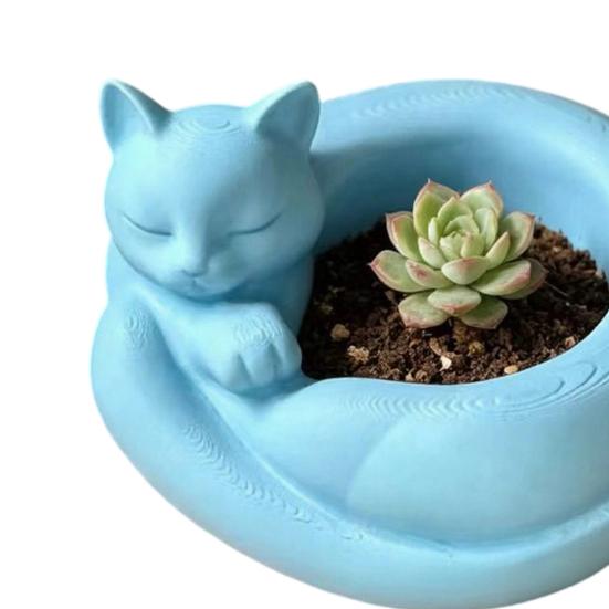3D Printed Curled Sleeping Cat Planter Multi-Functional Figurine with Bowl-Holding & Ring Tail